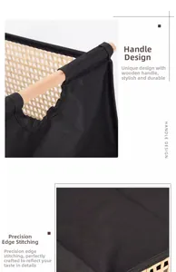 Detail of black fabric storage basket with ergonomic wooden handle and woven inner lining