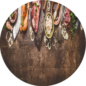 Round flannel absorbent mat with vintage kitchen cooking scene on rustic wood background