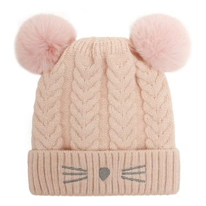 Pink knit baby beanie with double faux fur pom-poms and cute cat face embroidery