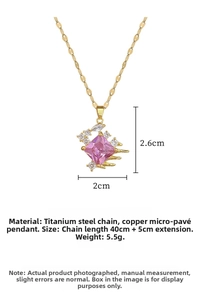 Detailed view of square pink zircon pendant with gold titanium steel chain and dimensions