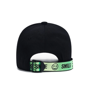 Black cotton baseball cap featuring a neon green smile embroidered strap on the back