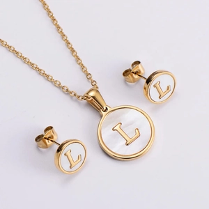 18k gold plated stainless steel jewelry set with white shell letter L round pendant
