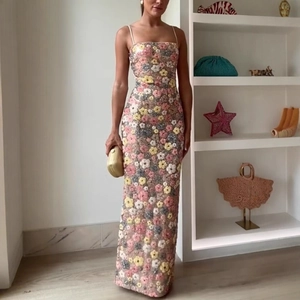 Women Sequin Floral Spaghetti Strap Maxi Dress Slim Fit Mesh Embroidery Elegant Evening Party Gown