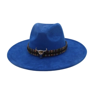 Elegant blue wide brim fedora hat with ethnic band and silver bull head ornament.