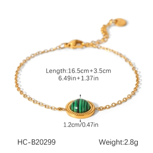 Gold malachite bracelet with specific dimensions 16.5cm plus 3.5cm extension detail