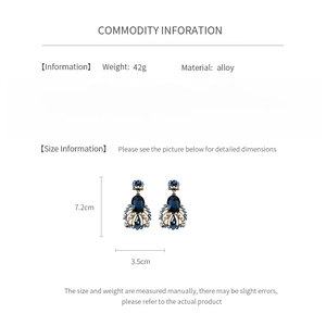 Detail specifications of blue crystal drop earrings with dimensions and material info