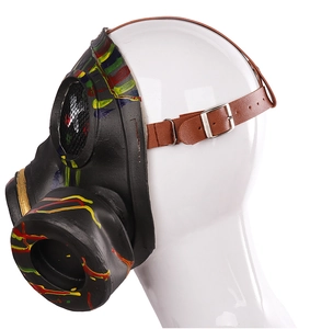 Detail of steampunk gas mask featuring colorful graffiti art and adjustable leather straps