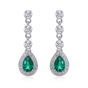 Elegant S925 silver pear cut emerald drop earrings with sparkling white micro-pave crystals