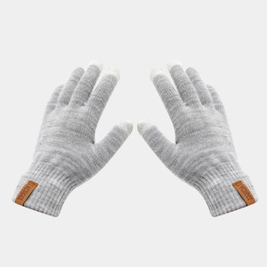 Close-up of gray knit gloves with three-finger touchscreen tips and leather label