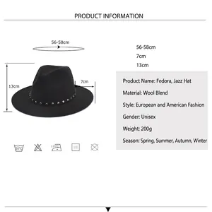 Black woolen fedora hat with rivet belt buckle and detailed size dimensions chart