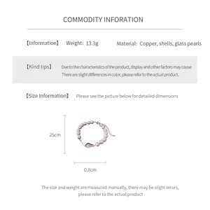 Detail view of pearl bracelet with product dimensions and material specifications info