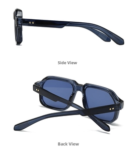 Side and back view of blue oversized sunglasses with golden star rivets on the temples