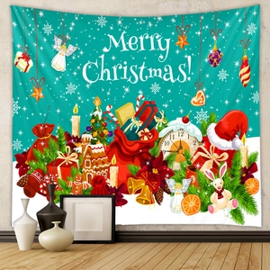 Detail of teal Christmas tapestry featuring Santa gift bag and festive holiday patterns