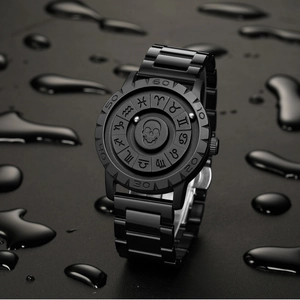 Cool matte black skull watch with magnetic ball bearings and zodiac dial for men
