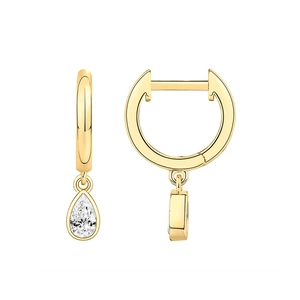 Detailed view of gold hoop earrings featuring teardrop zircon pendants on white background