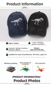 Detail view of cotton kids baseball caps with dinosaur skeleton embroidery and size specs