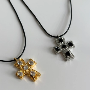 18k gold plated titanium steel cross necklaces with crystals on black cord chains