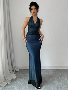 Elegant navy blue halter V-neck slimming satin evening gown with ruched waist and fisheye hem