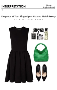 Detailed view of an elegant black sleeveless midi dress with a green woven handbag