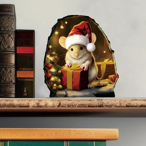 Adesivo murale 3D buco del topo di Natale con topo carino e scatola da regalo