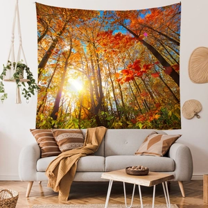 Detail of autumn forest landscape tapestry with sunlight through red maple leaves