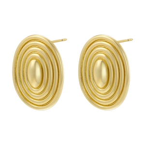 Macro side view of golden multilayered concentric oval earrings with a central stud design