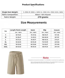 Detailed size chart for men's corduroy shorts showing length, waist, and hip dimensions