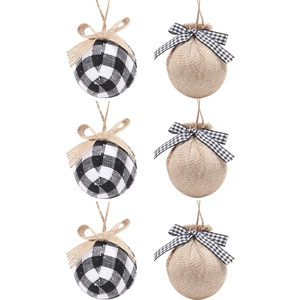 6-piece Christmas tree ball set with black and white plaid fabric and jute bows