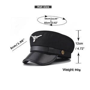 Detailed size guide for black military hat showing dimensions 56-60cm and bull head pin