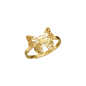 Polished gold stainless steel butterfly ring with intricate hollowed-out wing design