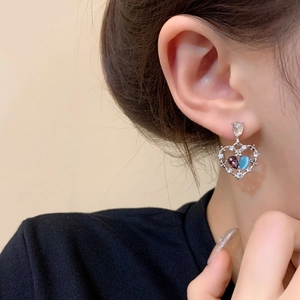 Elegant 925 silver heart drop earrings with colorful zircon stones and tassel detail