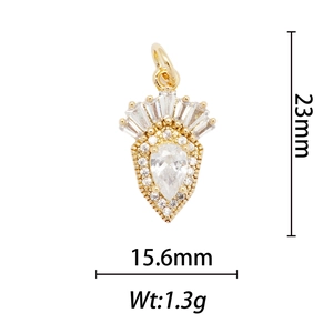 Detail view of 18k gold plated crown pendant with white zircons showing 23mm x 15.6mm size