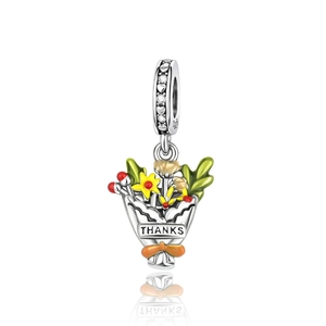 S925 sterling silver floral charm with enamel bouquet and Thanks engraving on white background