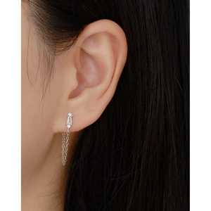 Macro shot of silver tassel chain earrings with sparkling clear cubic zirconia stones