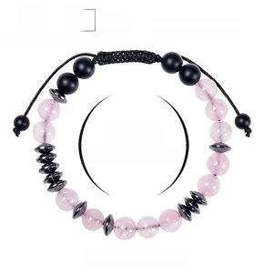 8mm rose quartz and black stone Morse code bracelet with adjustable cord on white background