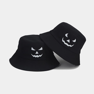 Luminous Halloween pumpkin face bucket hat in black cotton for men and women