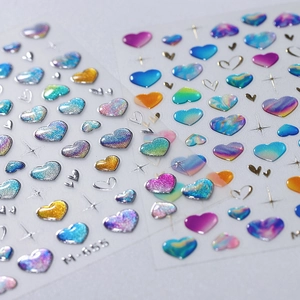 3D holographic heart nail art stickers set with rainbow metallic finish and M-555 code