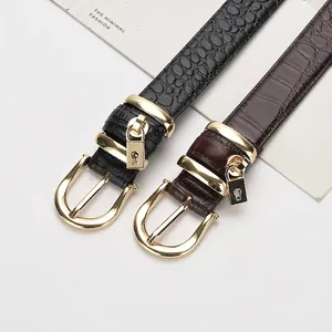 Crocodile Pattern Cowhide Leather Belt For Women Horseshoe Pin Buckle Mini Padlock Pendant Elegant Fashion Waistband