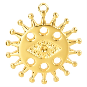 Macro shot of 18k gold plated stainless steel sun and eye charm with polished finish