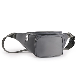 Macro side view of grey waterproof nylon waist bag with metal zippers and adjustable buckle strap