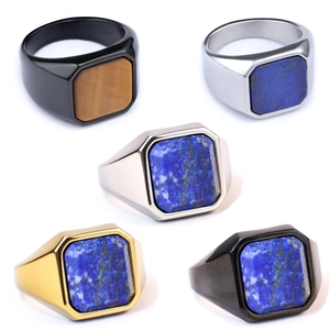 Men Signet Ring 316L Stainless Steel Square Lapis Lazuli Tiger's Eye Stone Polished Vintage Punk Jewelry Gift