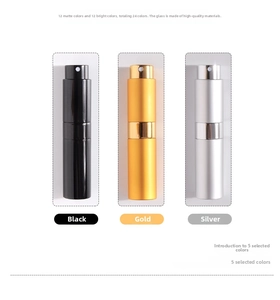 Dettaglio dei nebulizzatori per profumo da 8ml nelle varianti nero, oro e argento lucido