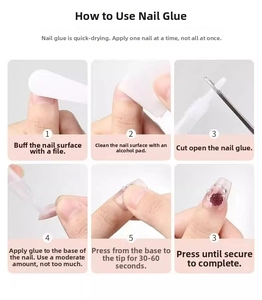 Detailed six-step guide for applying purple starry handmade press-on nails with glue tools