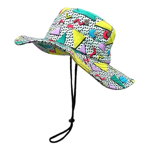 Detail of colorful geometric Memphis style pattern on outdoor bucket sun hat with chin strap