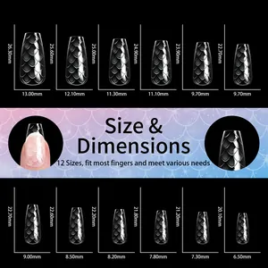 Tableau détaillé des tailles de faux ongles amande avec 12 tailles de 6,5 mm à 13 mm