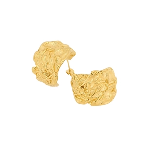 Irregular C-shaped gold molten earrings with wrinkled texture in a modern minimalist style