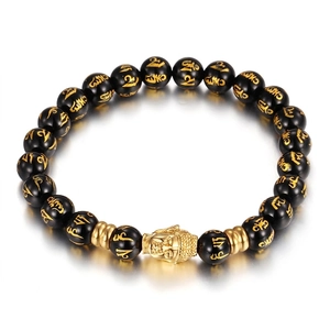 Bracelet En Perles Tête De Bouddha Agate Noire Artificielle Mantra Six Caractères Style Ethnique Religieux Bijoux Pour Hommes Femmes