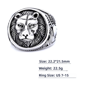 Macro detail of vintage lion head ring showing 22.2x21.5mm size and texture