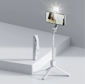 Foldable white selfie stick tripod with LED fill light and remote for live streaming