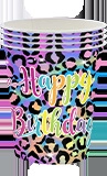 Stapel bunter Pappbecher mit Regenbogen-Leopardenmuster und Happy Birthday Aufschrift